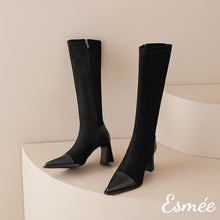 Load image into Gallery viewer, Black-Suede-Long-Boots-with-Leather-Toe-and-Heel-Cap-product-shots
