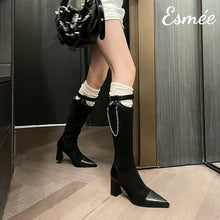 Load image into Gallery viewer, Black-Suede-Long-Boots-with-Special-Designed-Collar-model-shots
