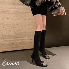 Load image into Gallery viewer, Black-Suede-Long-Boots-with-Stiletto-Heels-and-Diamond-Buckle-Design-model-shots
