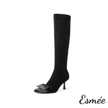 Load image into Gallery viewer, Black-Suede-Long-Boots-with-Stiletto-Heels-and-Diamond-Buckle-Design-product-shots-white-background
