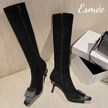 Load image into Gallery viewer, Black-Suede-Long-Boots-with-Stiletto-Heels-and-Diamond-Buckle-Design-product-shots
