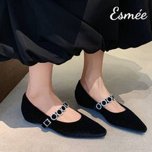將圖片載入圖庫檢視器 Black-Suede-Maryjanes-with-Rhinestone-Straps-and-3-cm-Invisible-Increased-Height-Design-model-shots

