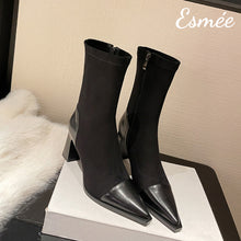 Load image into Gallery viewer, Black-Suede-Mid-Boots-with-Leather-Toe-and-Heel-Cap-product-shots
