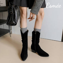 Load image into Gallery viewer, Black-Suede-Pointed-Toe-Riding-Boots-model-shots
