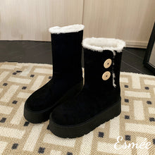 Load image into Gallery viewer, Black-Suede-Snow-Boots-with-Sheep-Hair-Design-product-shots
