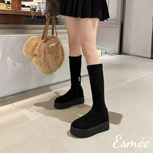 Load image into Gallery viewer, Black-Suede-Snow-Long-Boots-with-Platform-Design-model-shots
