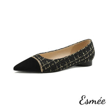 將圖片載入圖庫檢視器 Black-Tweed-Fabrics-Flats-with-Black-Pointy-Toe-and-Chain-Design-product-shots-white-background
