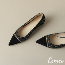 將圖片載入圖庫檢視器 Black-Tweed-Fabrics-Flats-with-Black-Pointy-Toe-and-Chain-Design-product-shots
