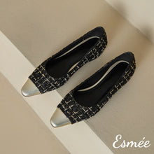 Load image into Gallery viewer, Black-Tweed-Fabrics-Flats-with-Silver-Toe-Cap-product-shots
