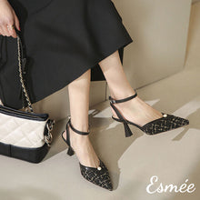 將圖片載入圖庫檢視器 Black-Tweed-Fabrics-High-Heel-Sandals-with-Pearl-Design-model-shots
