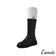 Load image into Gallery viewer, Black-White-Dual-Color-Leather-Long-Boots-with-Metal-Buckle-Design-product-shots-white-background
