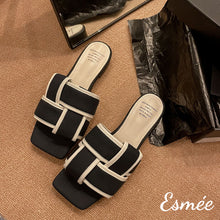 Load image into Gallery viewer, Black-White-Leather-Flat-Sandals-with-Thick-Woven-Design-product-shots
