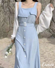 Load image into Gallery viewer, Blue-Korean-Cotton-Midi-Dress-with-Belt-and-Layered-Detail-model-shots-1
