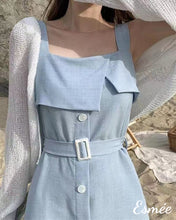 Load image into Gallery viewer, Blue-Korean-Cotton-Midi-Dress-with-Belt-and-Layered-Detail-model-shots
