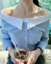 Load image into Gallery viewer, Blue-Korean-Cotton-Striped-Shirt-with-White-Lapel-and-Off-Shoulder-Design-model-shots-3
