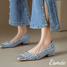 Load image into Gallery viewer, Blue-Tweed-Fabrics-Flats-with-Silver-Toe-Cap-model-shots
