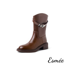 Load image into Gallery viewer, Brown-Calfskin-Leather-Mid-Boots-with-Metal-Lock-Buckle-product-shots-white-background
