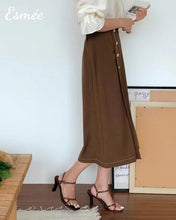 Load image into Gallery viewer, Brown-Cotton-Long-Dress-with-Four-Button-Design-model-shots-1
