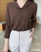 Load image into Gallery viewer, Brown-Korean-Chiffon-Blouse-with-Lapel-Design-model-shots
