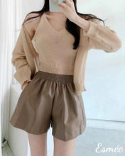 Load image into Gallery viewer, Brown-Korean-Synthetic-Leather-Short-Pants-with-Ribbon-Band-model-shots-1
