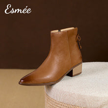 Load image into Gallery viewer, Brown-Lambskin-Leather-Ankle-Boots-with-Rear-Zippers-and-Bow-Knot-Design-product-shots
