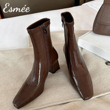 Load image into Gallery viewer, Brown-Leather-Ankle-Boots-with-7cm-Block-Heels-product-shots
