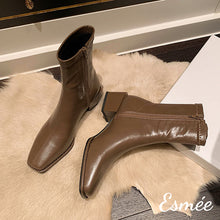 Load image into Gallery viewer, Brown-Leather-Ankle-Boots-with-Block-Heels-product-shots
