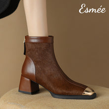 Load image into Gallery viewer, Brown-Leather-Ankle-Boots-with-Horsehair-Design-and-Metal-Toe-Cap-model-shtos
