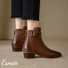 Load image into Gallery viewer, Brown-Leather-Ankle-Boots-with-Pointed-Toe-and-Rosebud-Design-model-shots
