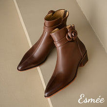 Load image into Gallery viewer, Brown-Leather-Ankle-Boots-with-Pointed-Toe-and-Rosebud-Design-product-shots
