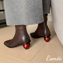 Load image into Gallery viewer, Brown-Leather-Ankle-Boots-with-Red-Sphere-Heels-model-shots
