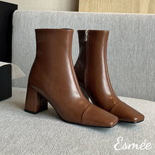 Load image into Gallery viewer, Brown-Leather-Ankle-Boots-with-Squared-Toe-and-Block-Heels-product-shots
