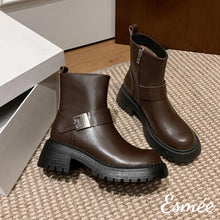 Load image into Gallery viewer, Brown-Leather-Ankle-Boots-with-Thickened-Outsole-and-Metal-Buckle-Design-product-shots
