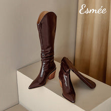 Load image into Gallery viewer, Brown-Leather-Cowboy-Long-Boots-with-Block-Heels-product-shots
