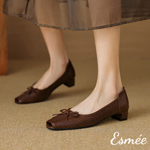 Load image into Gallery viewer, Brown-Leather-Flats-with-Bow-Knot-and-Peep-Toe-Design-model-shots
