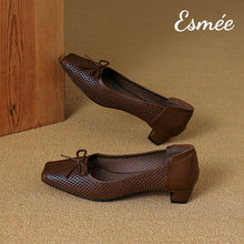 Load image into Gallery viewer, Brown-Leather-Flats-with-Bow-Knot-and-Peep-Toe-Design-product-shots
