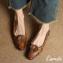 Load image into Gallery viewer, Brown-Leather-Flats-with-Handmade-Flower-Design-model-shots
