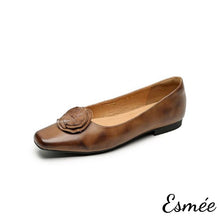 Load image into Gallery viewer, Brown-Leather-Flats-with-Handmade-Flower-Design-product-shots-white-background
