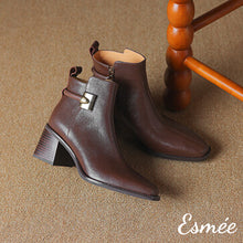 Load image into Gallery viewer, Brown-Leather-High-Heel-Ankle-Boots-with-Metal-Buckle-Design-product-shots
