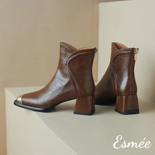 Load image into Gallery viewer, Brown-Leather-High-Heel-Ankle-Boots-with-Special-Cutting-and-Golden_toe-Cap-product-shots
