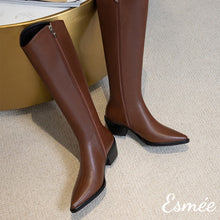 將圖片載入圖庫檢視器 Brown-Leather-High-Heel-Long-Boots-with-Pointed-Toe-Design-product-shots
