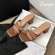 Load image into Gallery viewer, Brown-Leather-High-Heel-Mules-with-Roman-Straps-product-shots
