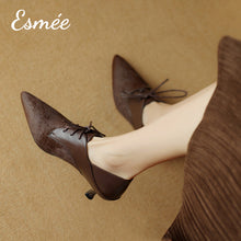 Load image into Gallery viewer, Brown-Leather-High-Heel-Oxford-Shoes-with-Horsehair-Pointy-Toe-Design-model-shots
