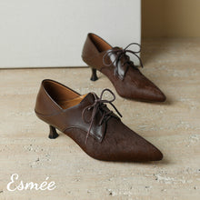 Load image into Gallery viewer, Brown-Leather-High-Heel-Oxford-Shoes-with-Horsehair-Pointy-Toe-Design-product-shots
