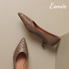 Load image into Gallery viewer, Brown-Leather-High-Heels-with-Woven-Design-product-shots
