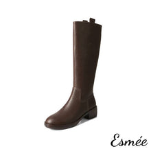 Load image into Gallery viewer, Brown-Leather-Long-Boots-with-4.5cm-Block-Heels-product-shots-white-background
