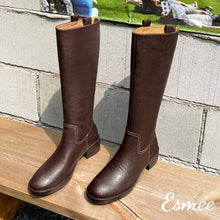 Load image into Gallery viewer, Brown-Leather-Long-Boots-with-4.5cm-Block-Heels-product-shots
