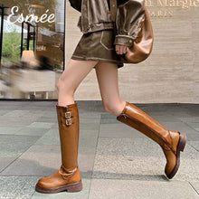 Load image into Gallery viewer, Brown-Leather-Long-Boots-with-Double-Buckle-Design-model-shots
