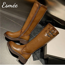 Load image into Gallery viewer, Brown-Leather-Long-Boots-with-Double-Buckle-Design-product-shots
