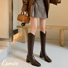 Load image into Gallery viewer, Brown-Leather-Long-Riding-Boots-with-Block-Heels-model-shots
